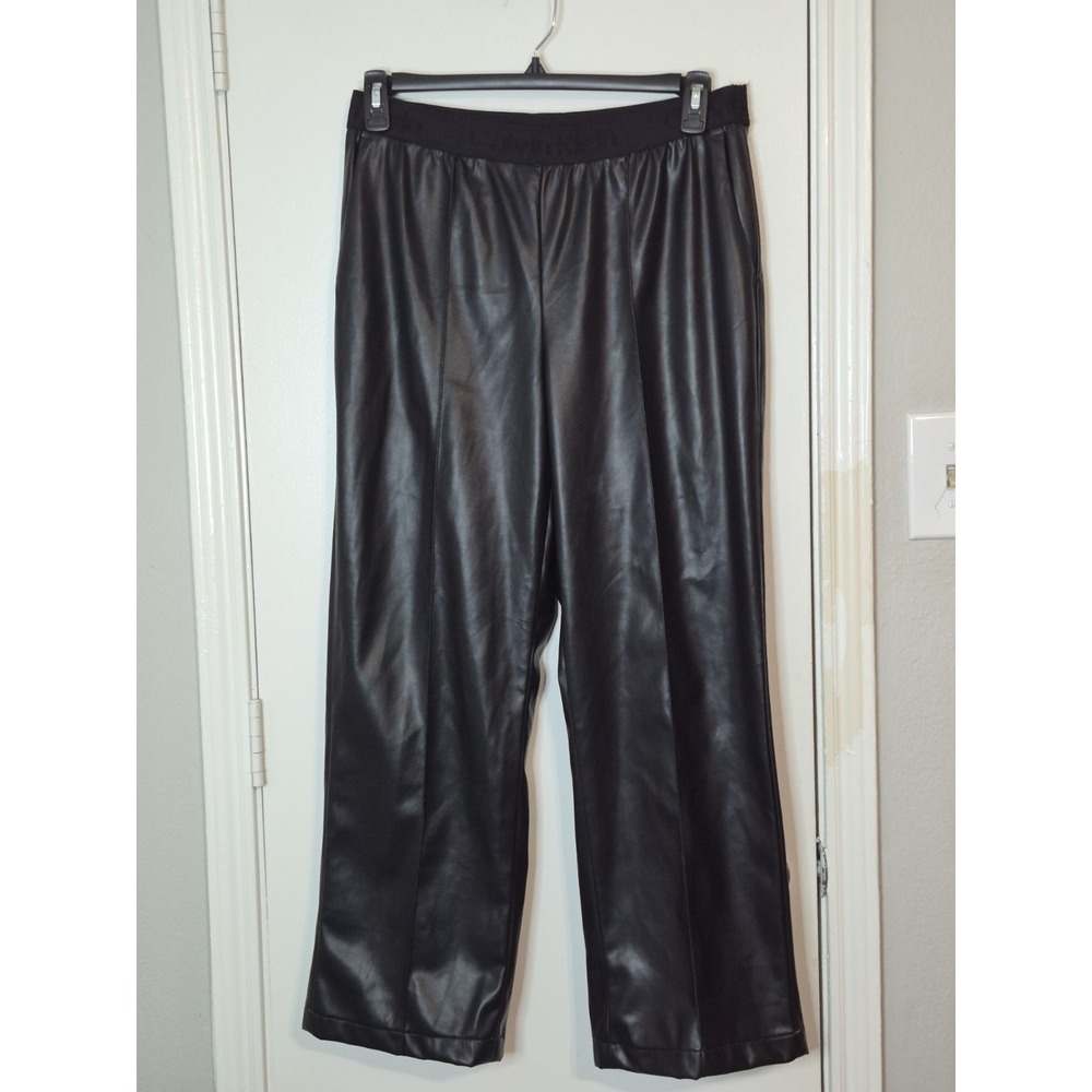 Calvin Klein Women's Medium Black Faux Leather Pants Straight Leg Y2K Sleek - Picture 1 of 10